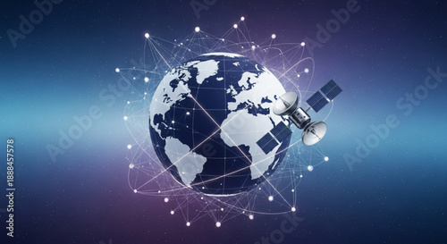 Satellite orbiting earth with network connections in space representing global communication and technology