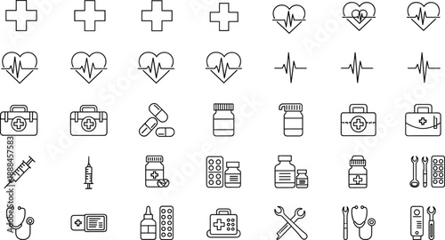 Medical line icon set featuring healthcare symbols, hospital equipment, medicines, heart rate, first aid kits and diagnostic tools isolated on white background
