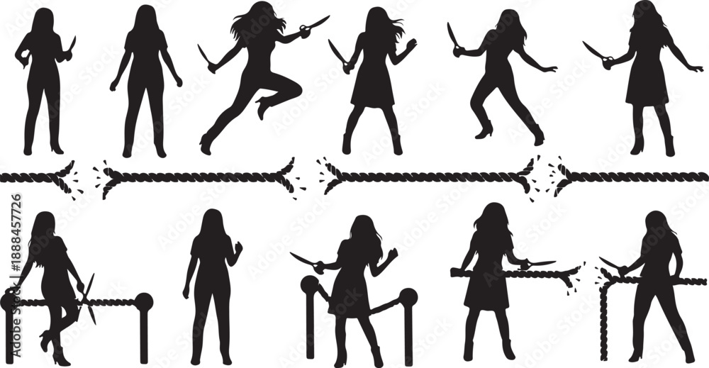 Obraz premium Silhouette of woman in various fighting poses with swords