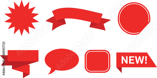 Red label badge and banner shape collection illustration featuring sale tags, ribbons, speech bubbles and promotional stickers for marketing, advertising, discount offers and graphic design use