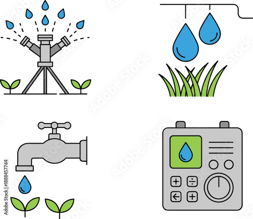Smart irrigation and water management icon set illustration showing sprinkler, drip irrigation, water tap and controller system for agriculture, gardening, water saving and sustainable farming