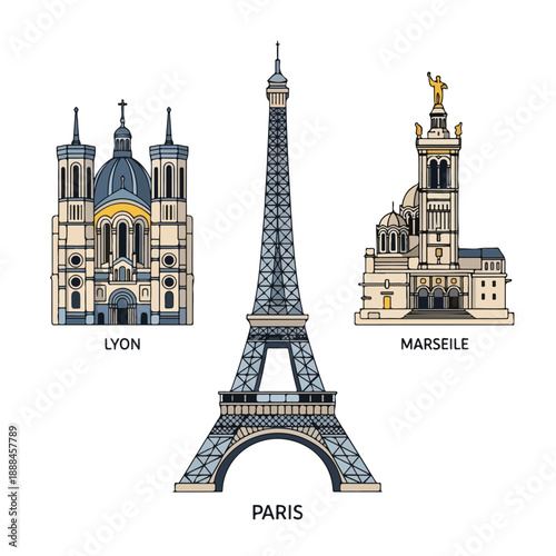 Landmarks of Lyon, Paris, and Marseille