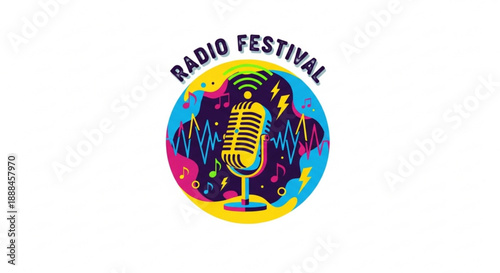 Vibrant radio festival logo with microphone and sound waves on colorful background