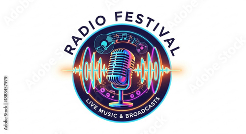 Vibrant radio festival logo with microphone and sound waves on white background for live music and broadcasts