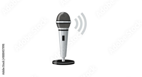 Wireless microphone on stand with sound waves emitting symbolizing music podcasting and public speaking