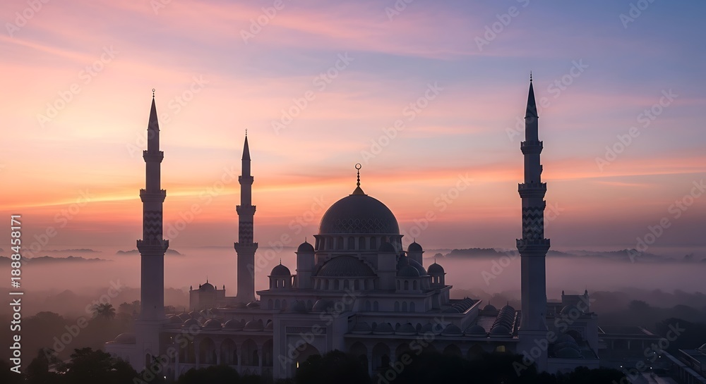 Obraz premium Beautiful Mosque Silhouette at Sunrise with Foggy Atmosphere.