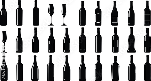 Wine Bottle and Glass Silhouette Collection Featuring Various Alcohol Containers Champagne Flutes and Vineyard Product Packaging Icons for Restaurant and Bar Menus
