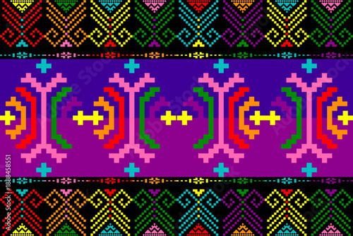 Bold pixel art pattern with rainbow human figures and ethnic geometric borders, expressing love, unity, and LGBTQ+ diversity. Ideal for textile prints, wallpapers, backgrounds, and modern vector