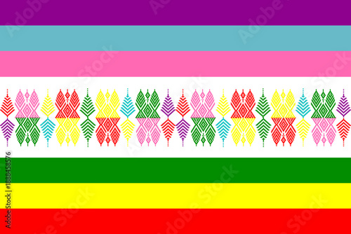 Bold pixel art pattern with rainbow human figures and ethnic geometric borders, expressing love, unity, and LGBTQ+ diversity. Ideal for textile prints, wallpapers, backgrounds, and modern vector