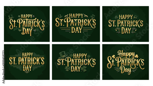 Six st patrick s day graphic tiles with gold lettering on a dark green background
