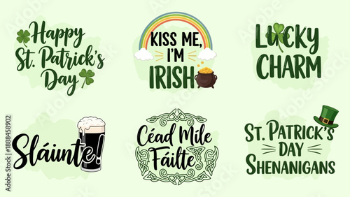 St Patrick s day themed lettering and illustrations in varying green shades