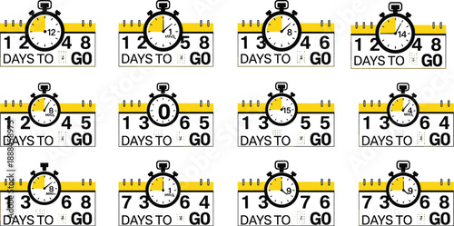 Countdown calendar with stopwatch timer, days to go concept for deadline tracking, event planning, time management, productivity reminder illustration