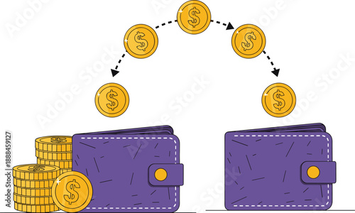 Money transfer between wallets with flying coins, financial transaction concept for banking, peer-to-peer payment, digital exchange illustration