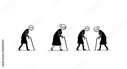 Three elderly women walking with canes in a line.