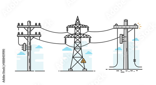 Three different types of electricity pylons and poles.