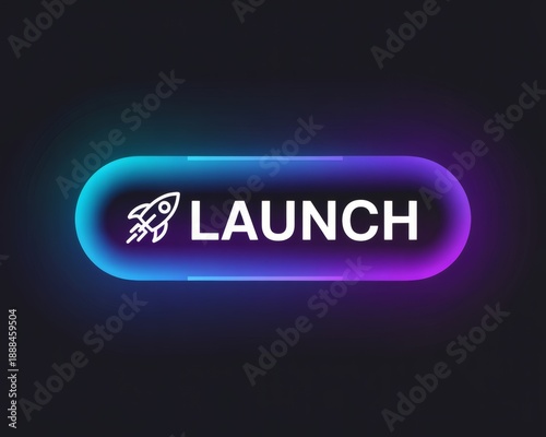 Neon launch button with rocket icon