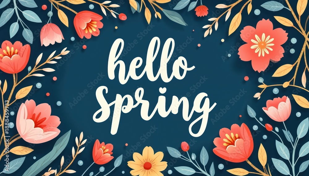 Obraz premium Floral border with text hello Spring. Colorful flowers and leaves on dark blue background. Seasonal greeting card design for spring celebration.