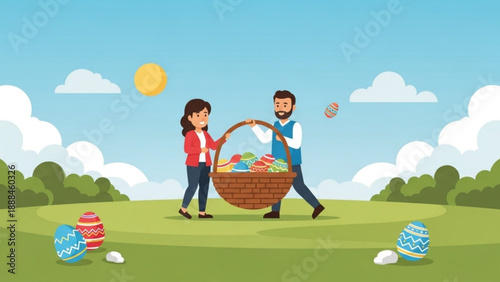 Happy Couple Carrying Easter Basket on Green Lawn during Sunny Day