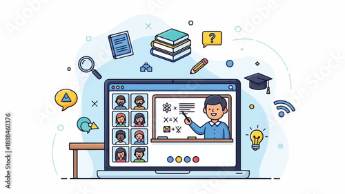 Online learning illustration with a teacher and students