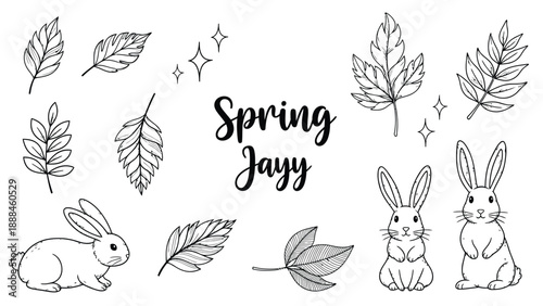 Black and white illustration of rabbits and leaves for spring theme.