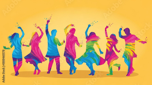 Colorful People Dancing Joyfully on Yellow Background during Celebration