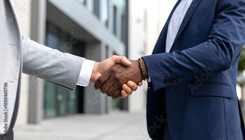 Close-up of two people in suits shaking hands near a building