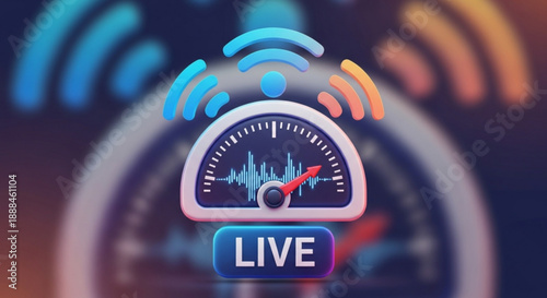 Live streaming speedometer with wi fi signal and sound wave display on a blurred dashboard background