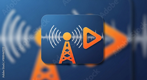 Broadcasting tower icon with play button symbol on blue background representing media transmission and digital communication technology