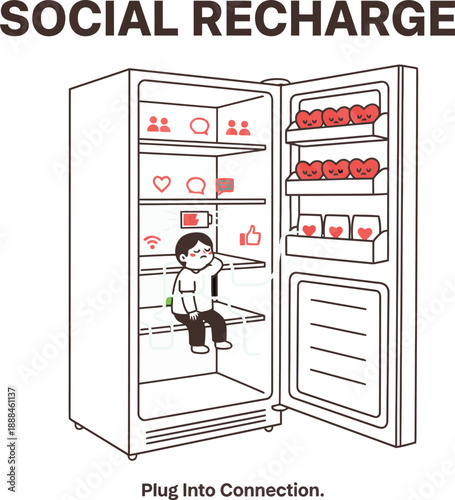 Social Recharge Conceptual Illustration with Person Inside Refrigerator