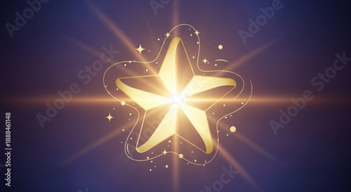 Golden star symbol with radiant glow and sparkling effects on dark blue background representing magic and excellence