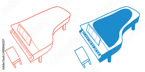 Colorful grand piano doodle clip art with isolated.Acoustic piano line hand drawn vector illustration.Classical music instrument design elements for music event,poster,banner,logo,print deco,sticker