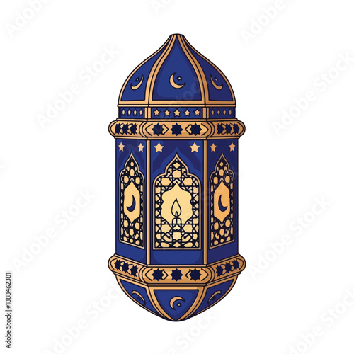 Ornate blue and gold lantern with crescent moons and stars
