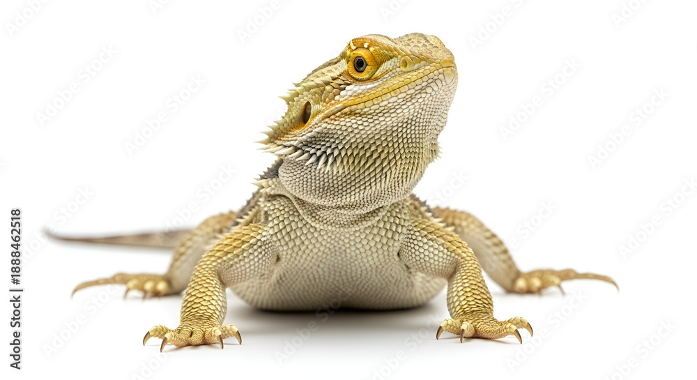 Obraz premium Bearded dragon lizard in alert pose, isolated on white background. Realistic reptile photo with detailed scales for education, exotic pets, and wildlife concepts.
