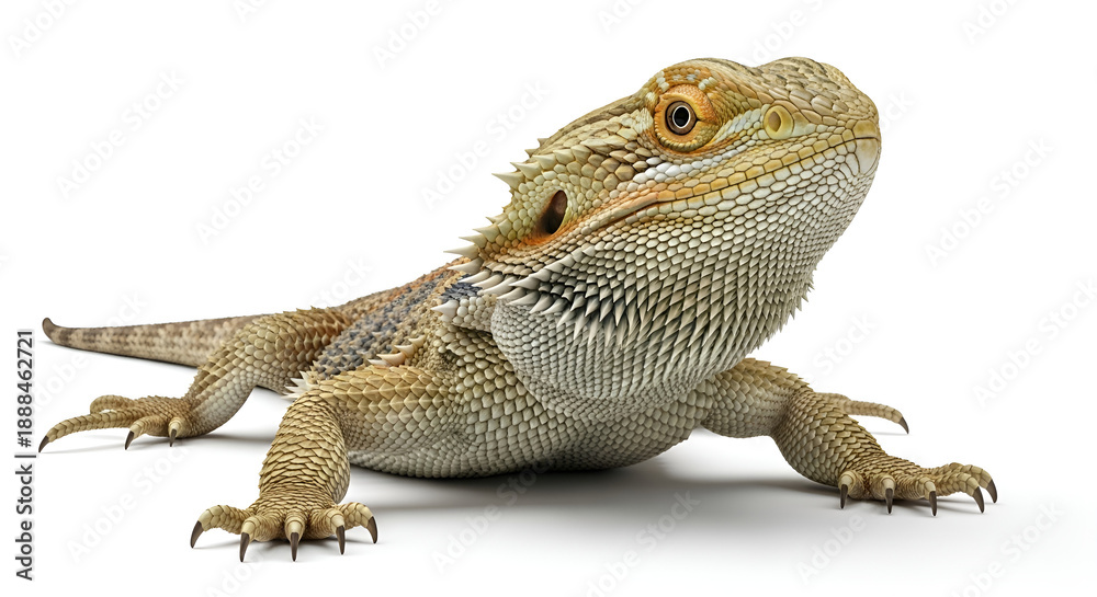Obraz premium Bearded dragon lizard in alert pose, isolated on white background. Realistic reptile photo with detailed scales for education, exotic pets, and wildlife concepts.