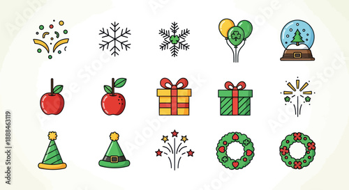 Festive icons holiday symbols and decorations on white background