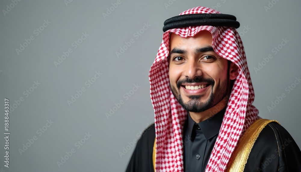 Fototapeta premium Smiling Arab man wears traditional keffiyeh and thobe. He looks confidently into camera with warm smile. Represents Middle Eastern culture, business, and modern lifestyle.