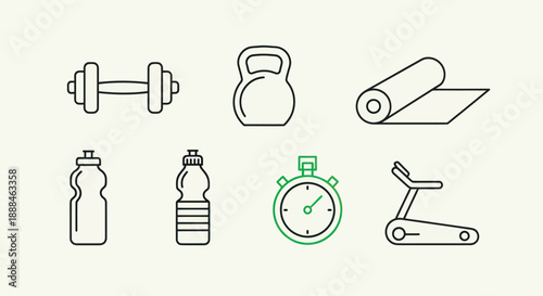 Fitness equipment icons dumbbell kettlebell mat bottles stopwatch treadmill