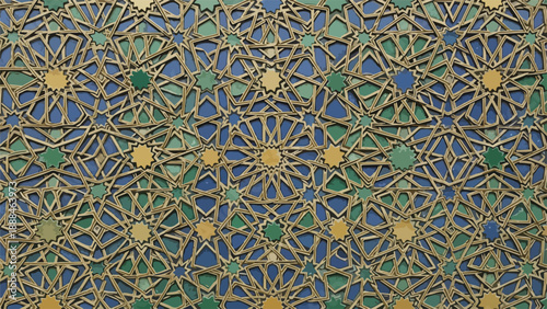Ornate gold geometric pattern on blue and green background