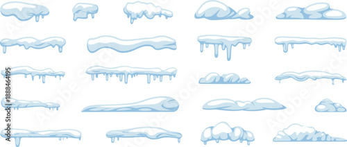 Snow icicle vector set, winter cartoon caps, frosty roof edge clipart, cold season design, blue white graphic pack