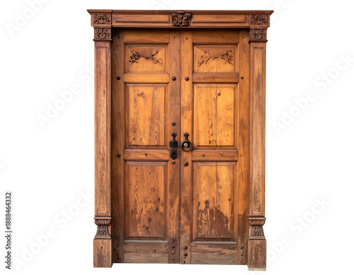 A frontal view of a detailed wooden double door, featuring carvings and a rich, aged patina