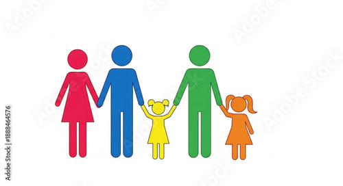 Stylized family of four holding hands in bright colors.
