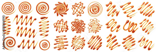 Photos Large collection of sweet caramel sauce drizzles and swirls, various golden syrup patterns, zigzags, and spiral splashes isolated on white background for dessert decoration