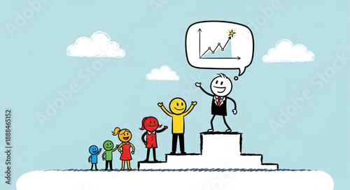 Successful business leader celebrates growth on podium with team.