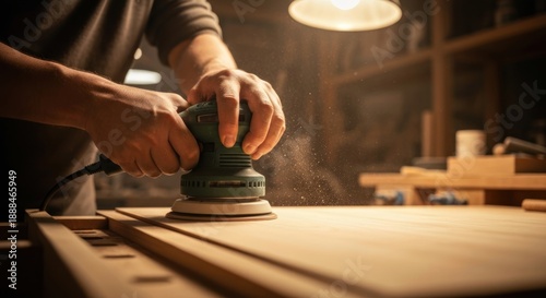 Hands sanding a wooden plank, illuminated workshop, dust visible