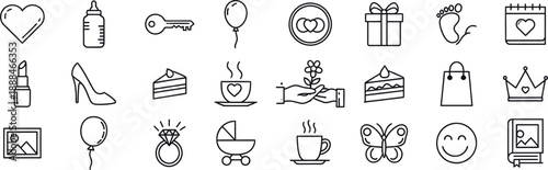 Collection of black outline icons representing life events and objects heart baby