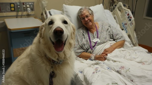 A smiling elderly patient in a hospital bed is comforted by a cheerful therapy dog, showcasing the healing bond between humans and animals.