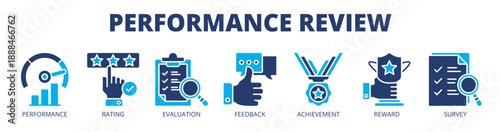 Performance review web banner icon vector illustration concept for work evaluation with icon of performance, rating, evaluation, feedback, achievement, reward, and survey.