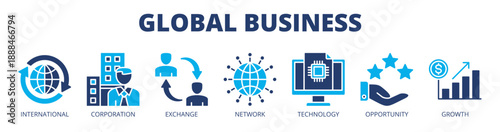 Global business web banner icon vector illustration concept for international trade with icon of international, corporation, exchange, network, technology, opportunity, and growth.