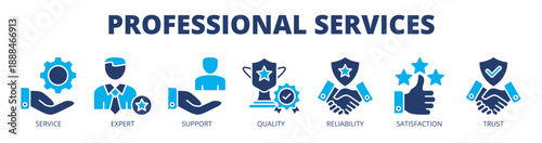 Professional services web banner icon vector illustration concept for expert support with icon of service, expert, support, quality, reliability, satisfaction, and trust.