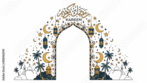 Ramadan kareem arch with mosque, lanterns